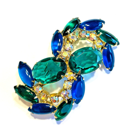 Vintage Brooch Mid Century Rhinestones Green Blue AB Prong Set Stones 50's 60's - Picture 6 of 6